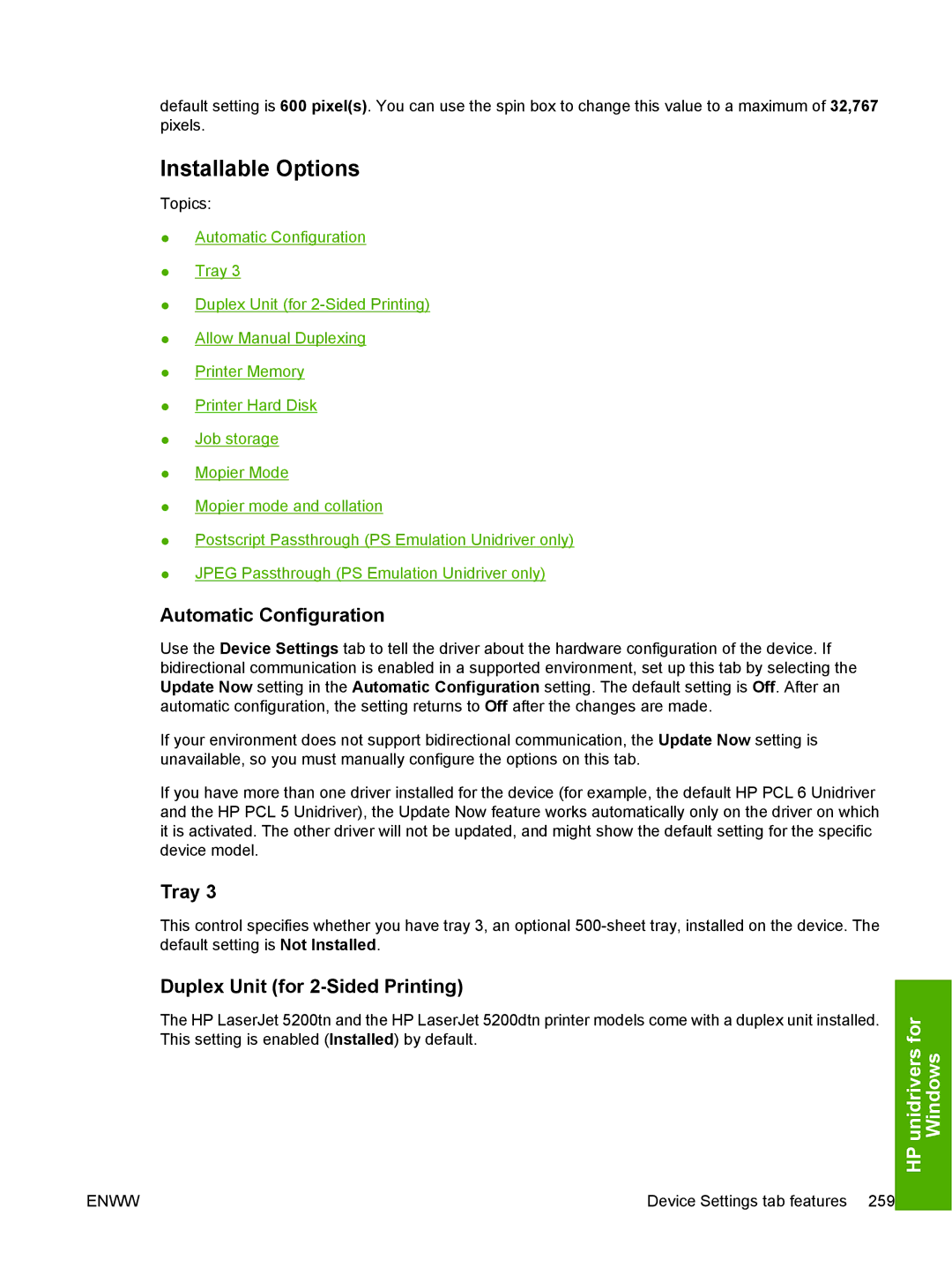 HP 5200L manual Installable Options, Automatic Configuration, Tray, Duplex Unit for 2-Sided Printing 