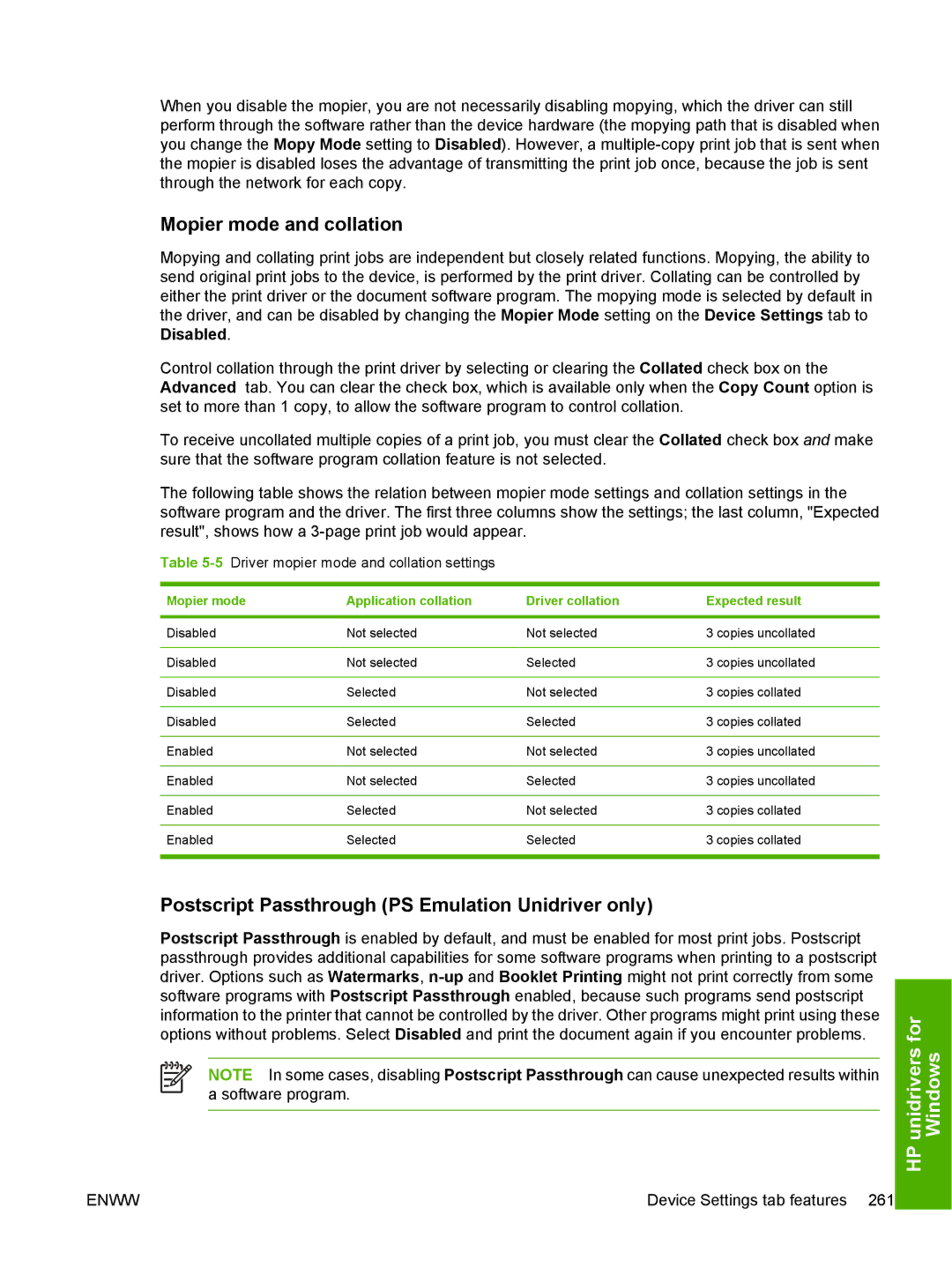 HP 5200L manual Mopier mode and collation, Postscript Passthrough PS Emulation Unidriver only 