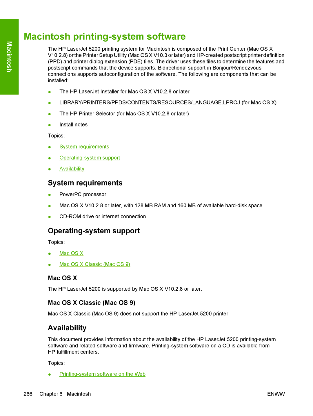 HP 5200L manual Macintosh printing-system software, Mac OS X Classic Mac OS 
