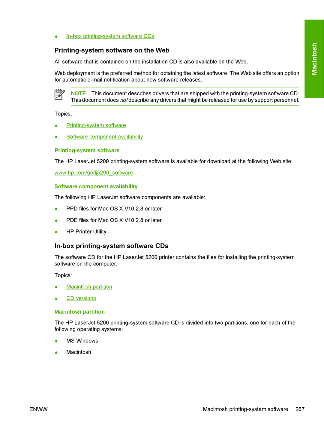 HP 5200L manual Printing-system software, Software component availability, Macintosh partition 