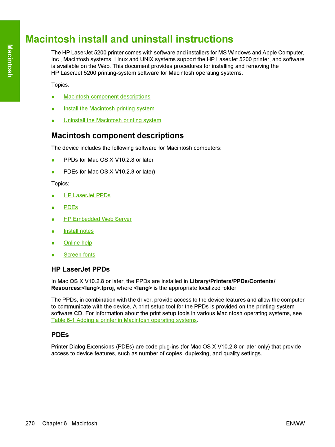 HP 5200L manual Macintosh install and uninstall instructions, Macintosh component descriptions, HP LaserJet PPDs, PDEs 