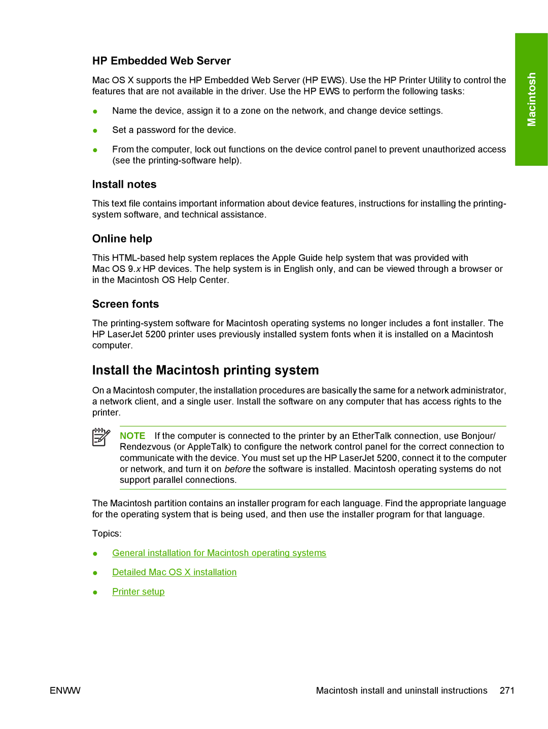 HP 5200L manual Install the Macintosh printing system, HP Embedded Web Server, Install notes, Online help, Screen fonts 