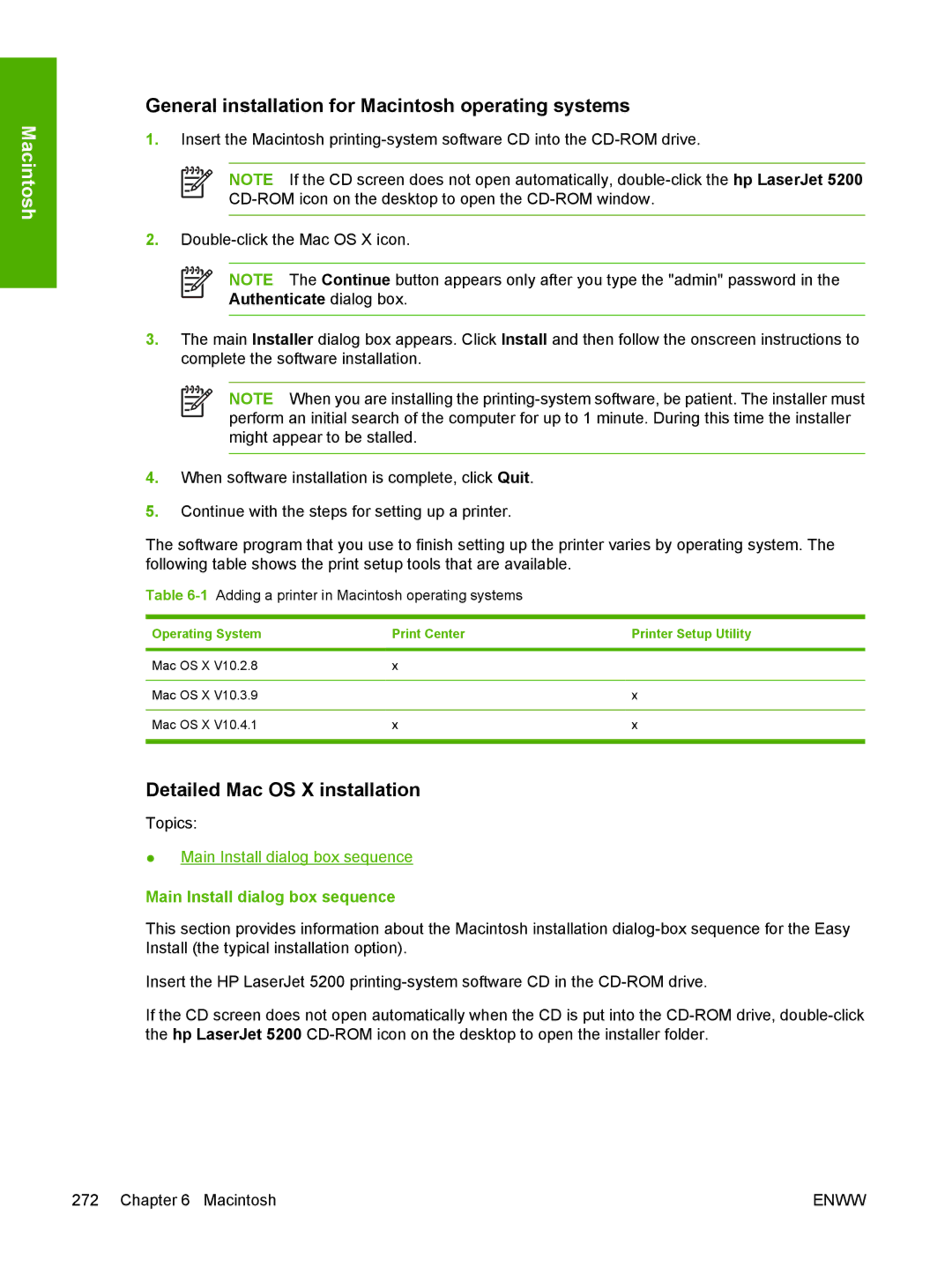 HP 5200L manual General installation for Macintosh operating systems, Detailed Mac OS X installation 