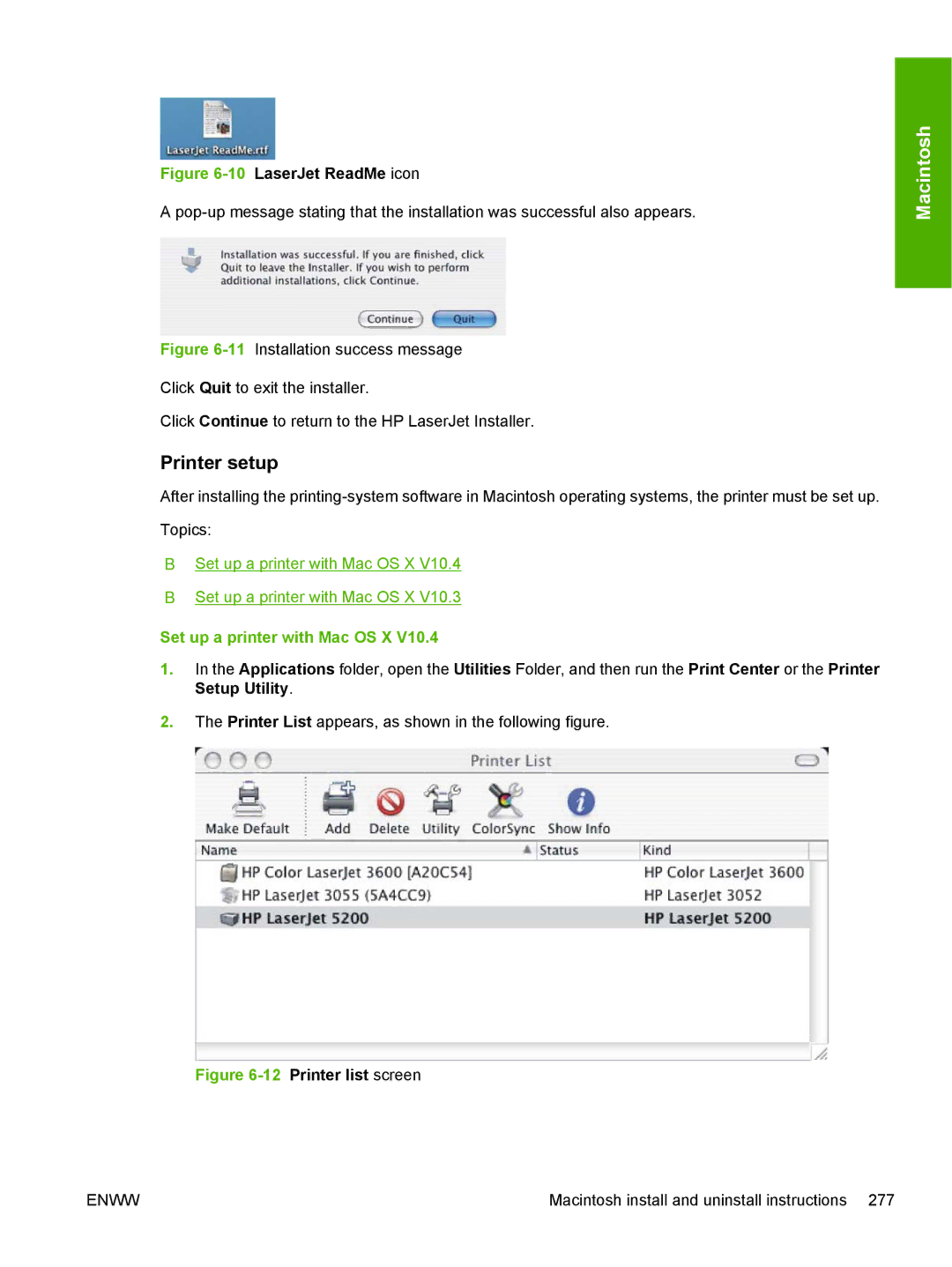 HP 5200L manual Printer setup, Set up a printer with Mac OS X 