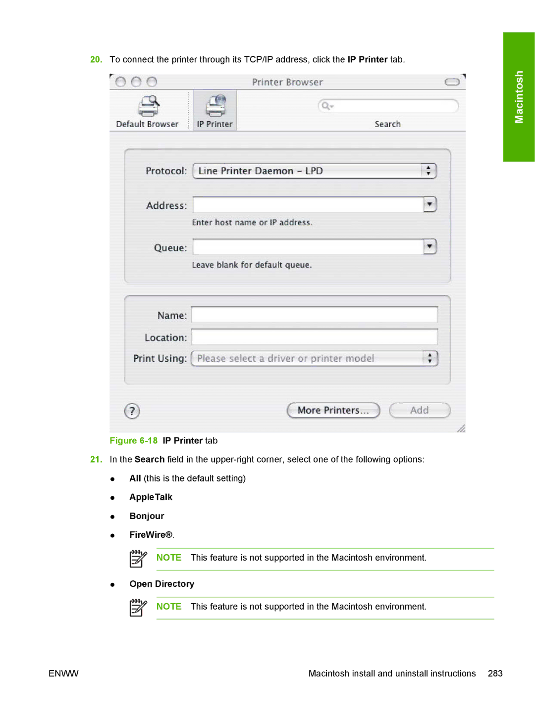 HP 5200L manual IP Printer tab, AppleTalk Bonjour FireWire Open Directory 