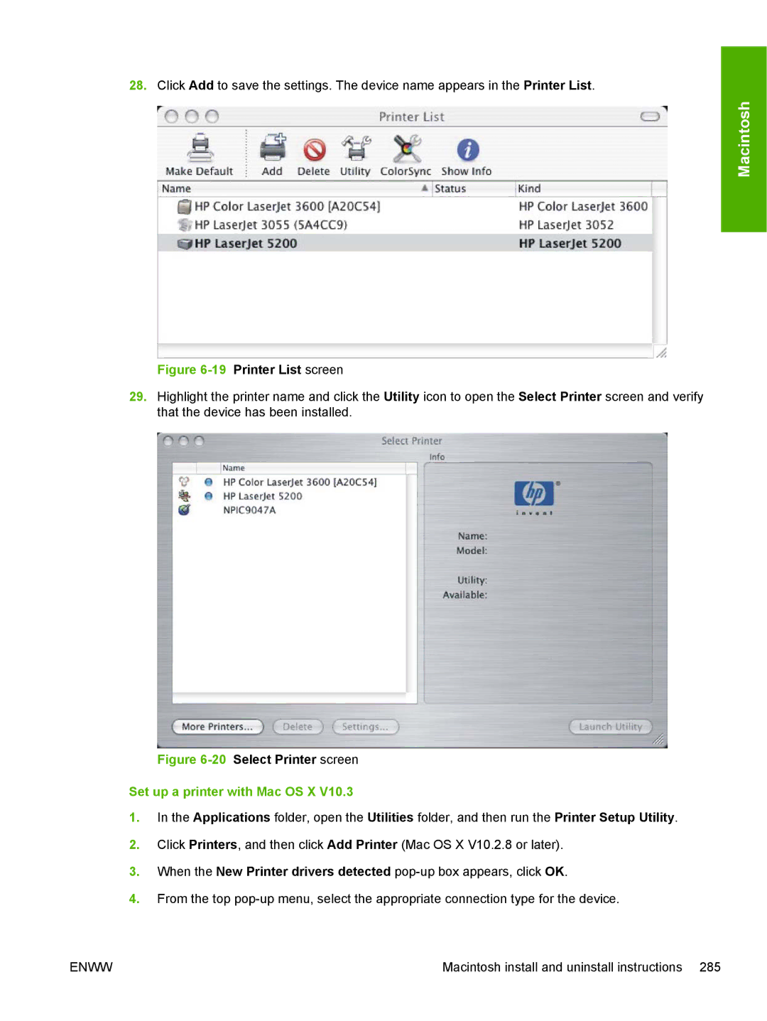 HP 5200L manual 19Printer List screen 