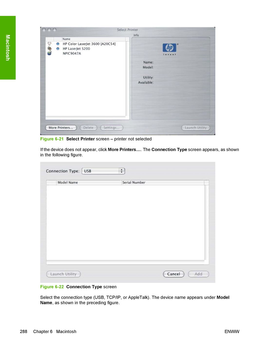 HP 5200L manual 22Connection Type screen 