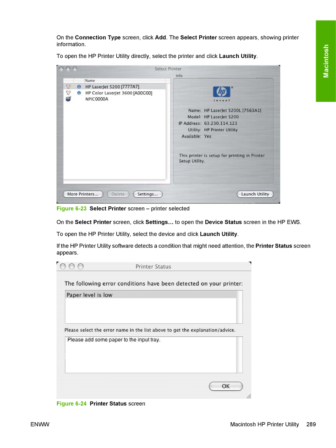 HP 5200L manual 24Printer Status screen 