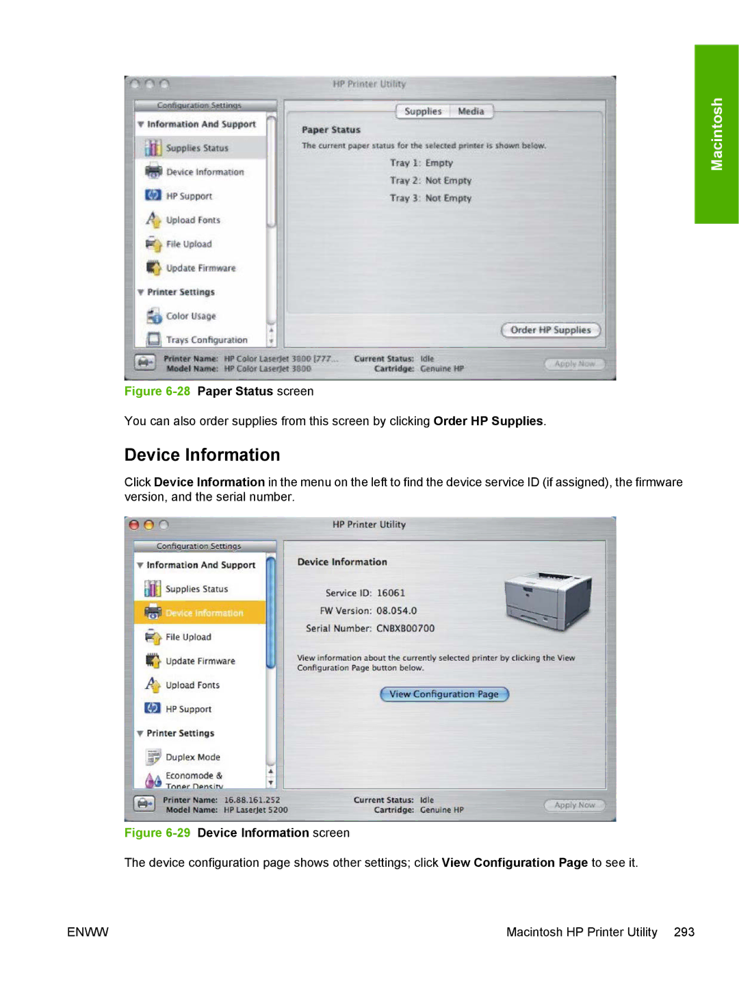 HP 5200L manual Device Information, 28Paper Status screen 