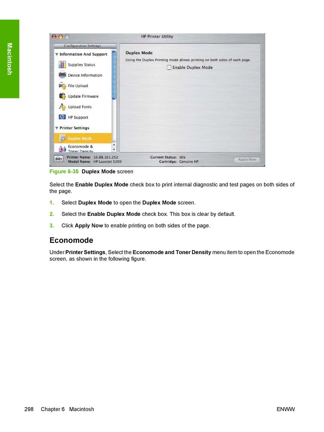 HP 5200L manual Economode, Duplex Mode screen 