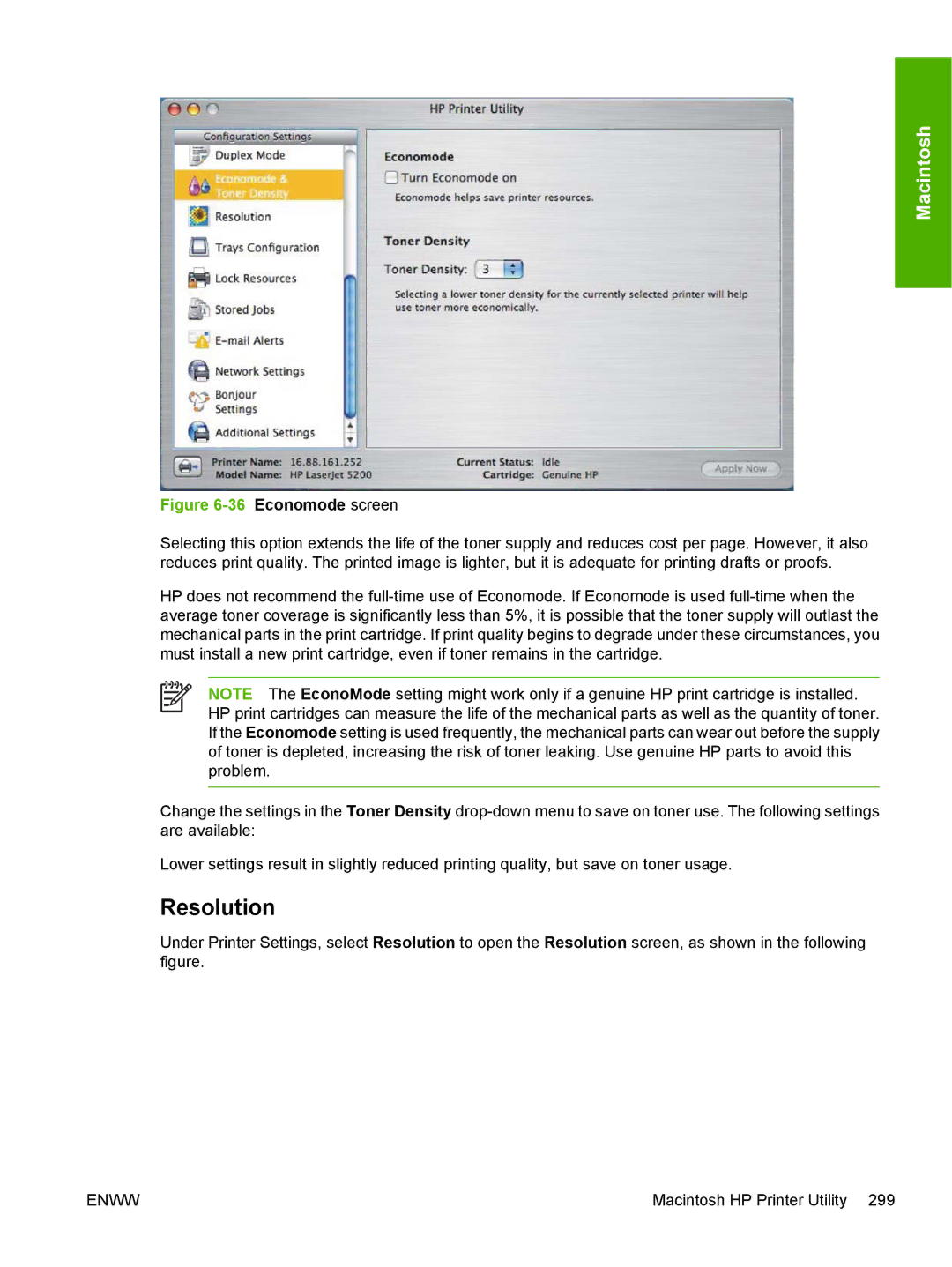 HP 5200L manual Resolution, Economode screen 
