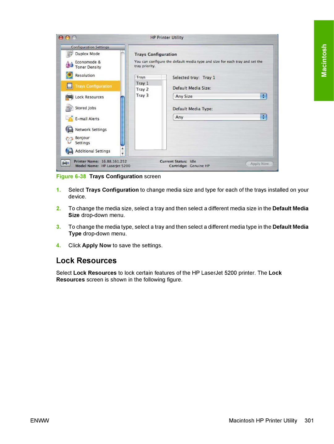 HP 5200L manual Lock Resources, 38Trays Configuration screen 