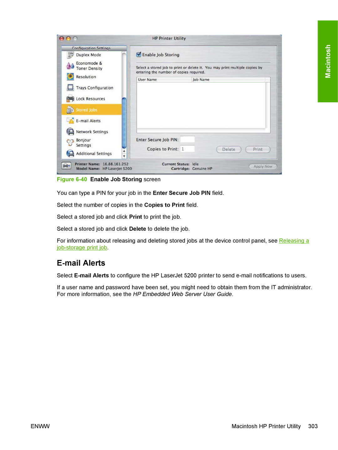 HP 5200L manual Mail Alerts, 40Enable Job Storing screen 