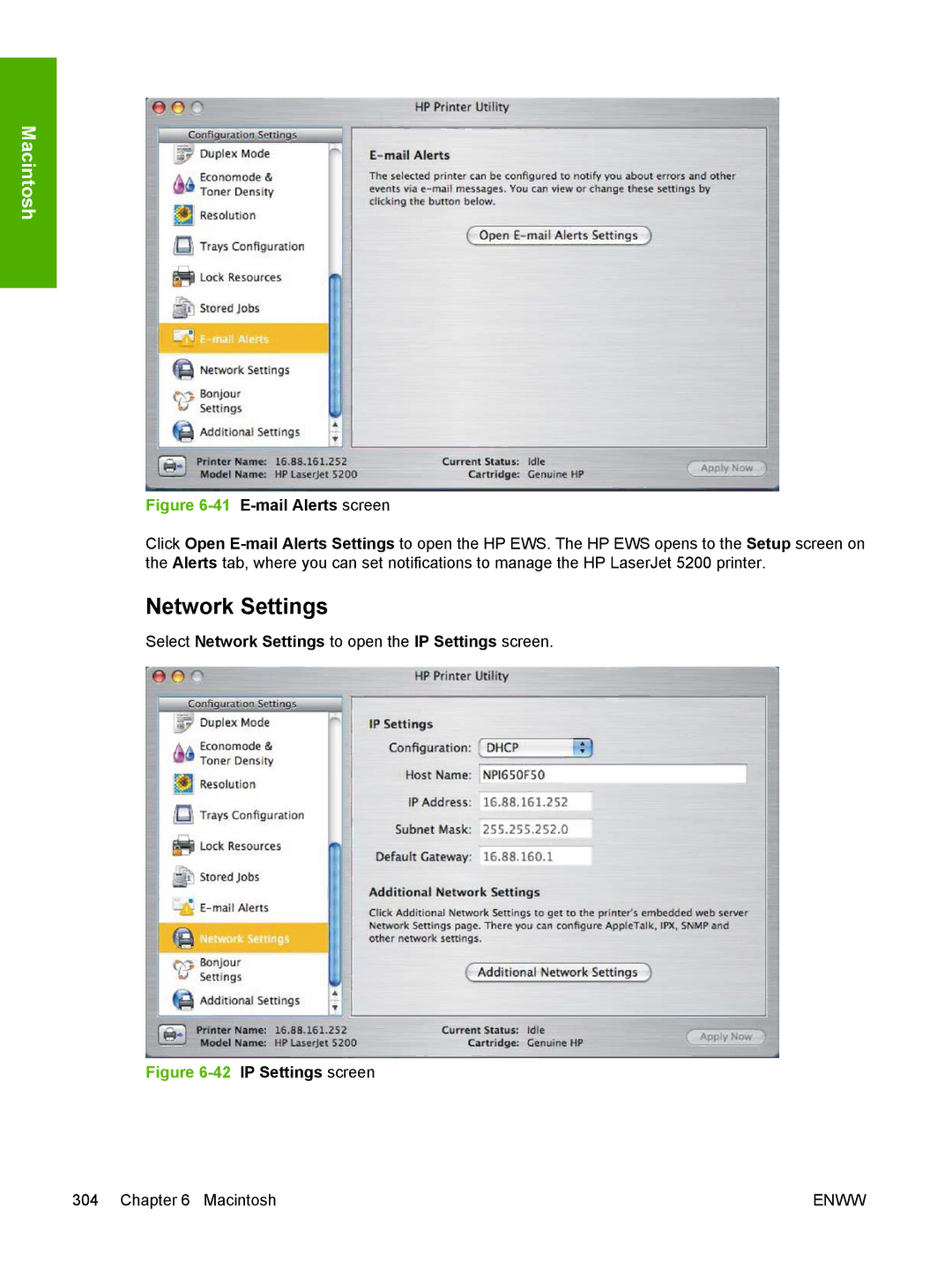 HP 5200L manual Select Network Settings to open the IP Settings screen 