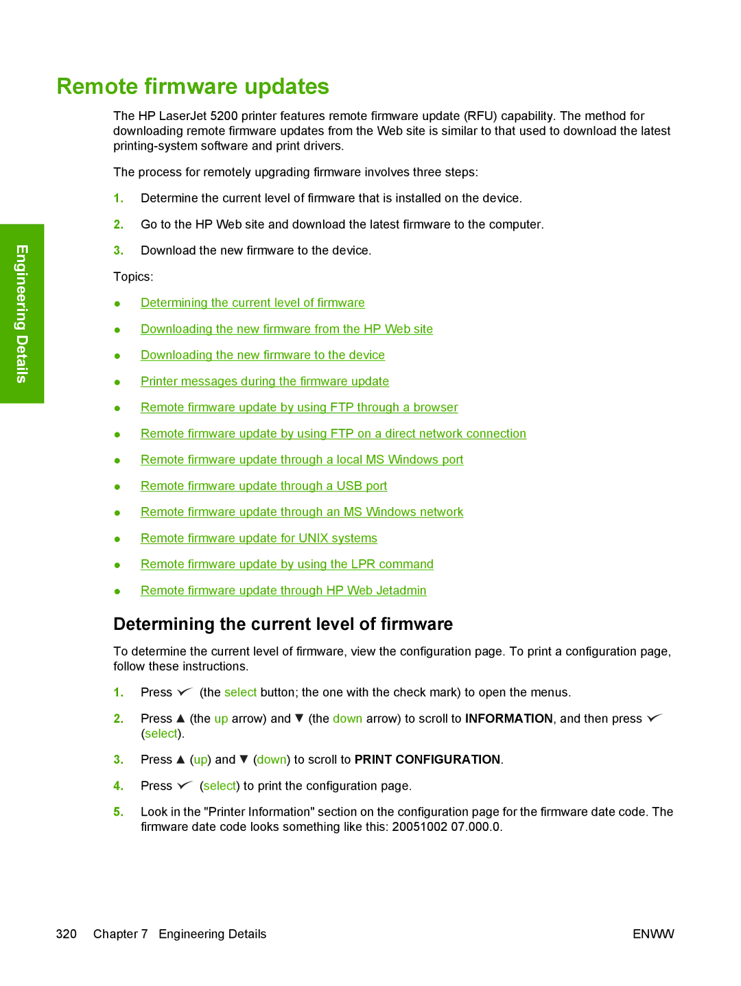 HP 5200L manual Remote firmware updates, Determining the current level of firmware 