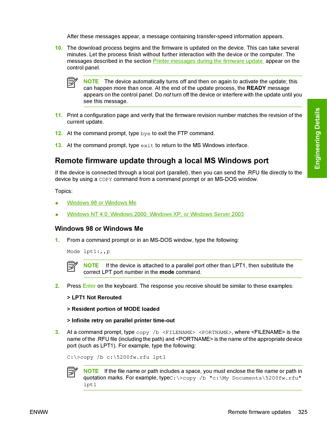 HP 5200L manual Remote firmware update through a local MS Windows port, Windows 98 or Windows Me 