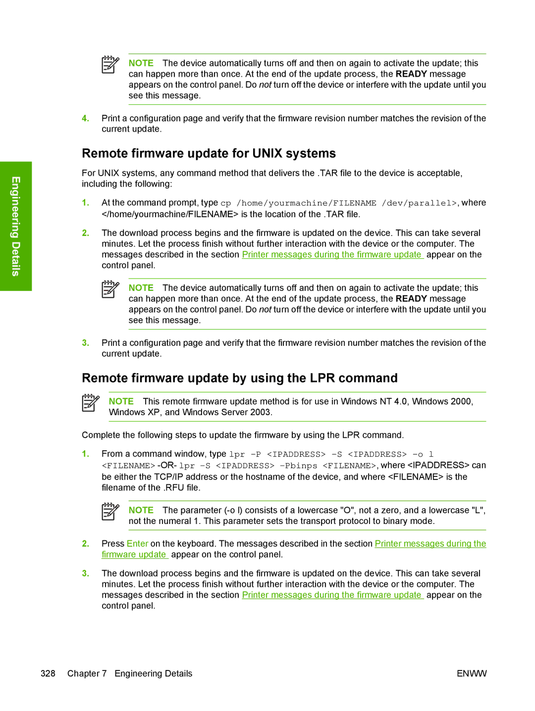 HP 5200L manual Remote firmware update for Unix systems, Remote firmware update by using the LPR command 