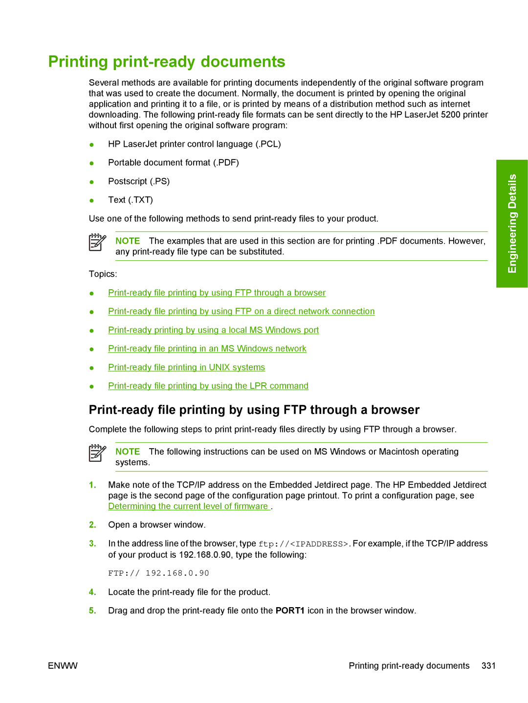 HP 5200L manual Printing print-ready documents, Print-ready file printing by using FTP through a browser 