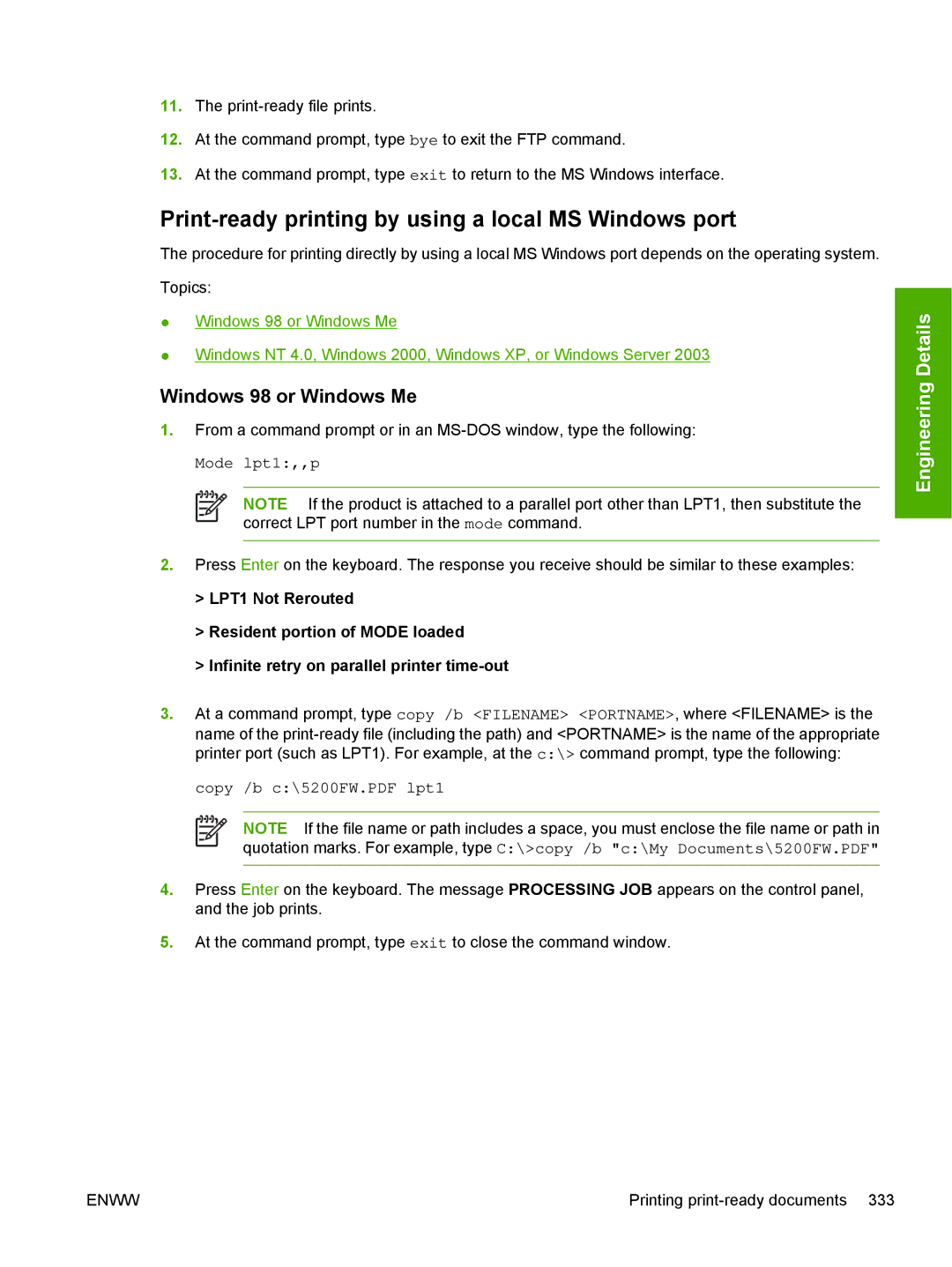 HP 5200L manual Print-ready printing by using a local MS Windows port, Windows 98 or Windows Me 