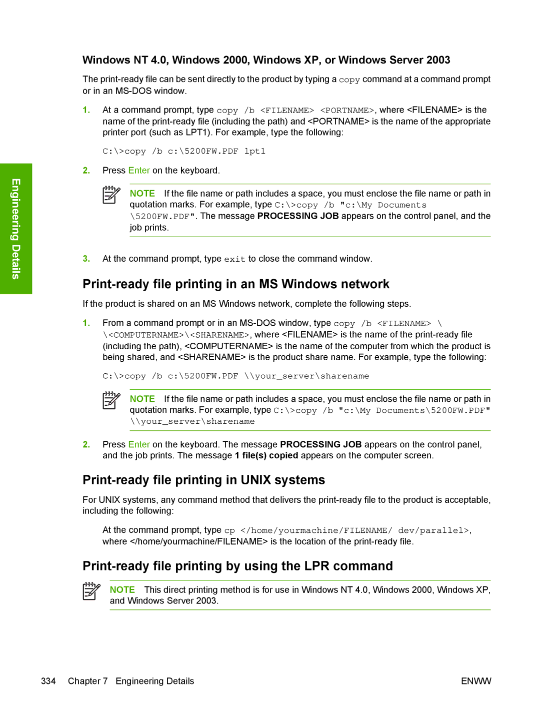 HP 5200L manual Print-ready file printing in an MS Windows network, Print-ready file printing in Unix systems 