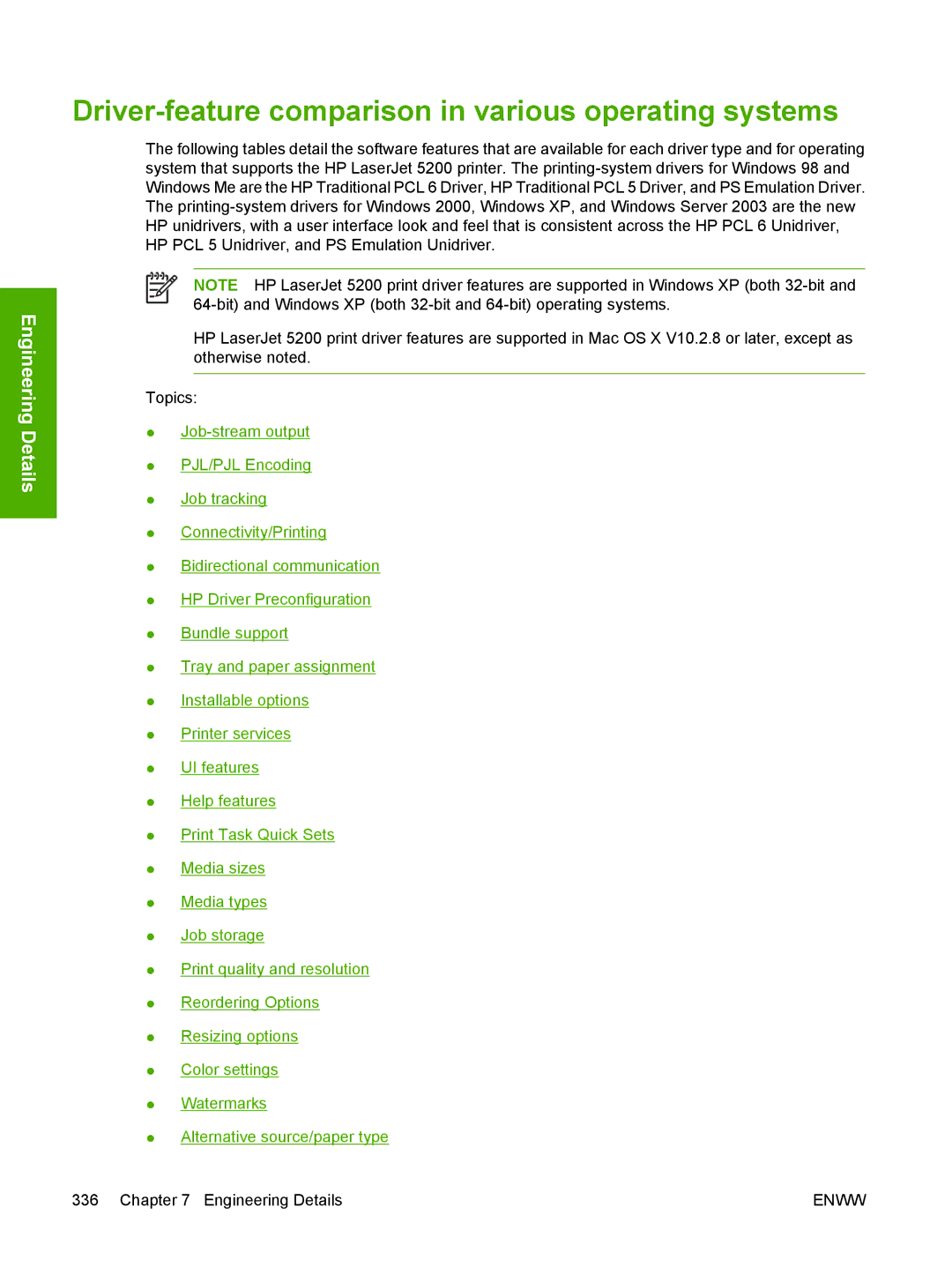 HP 5200L manual Driver-feature comparison in various operating systems 