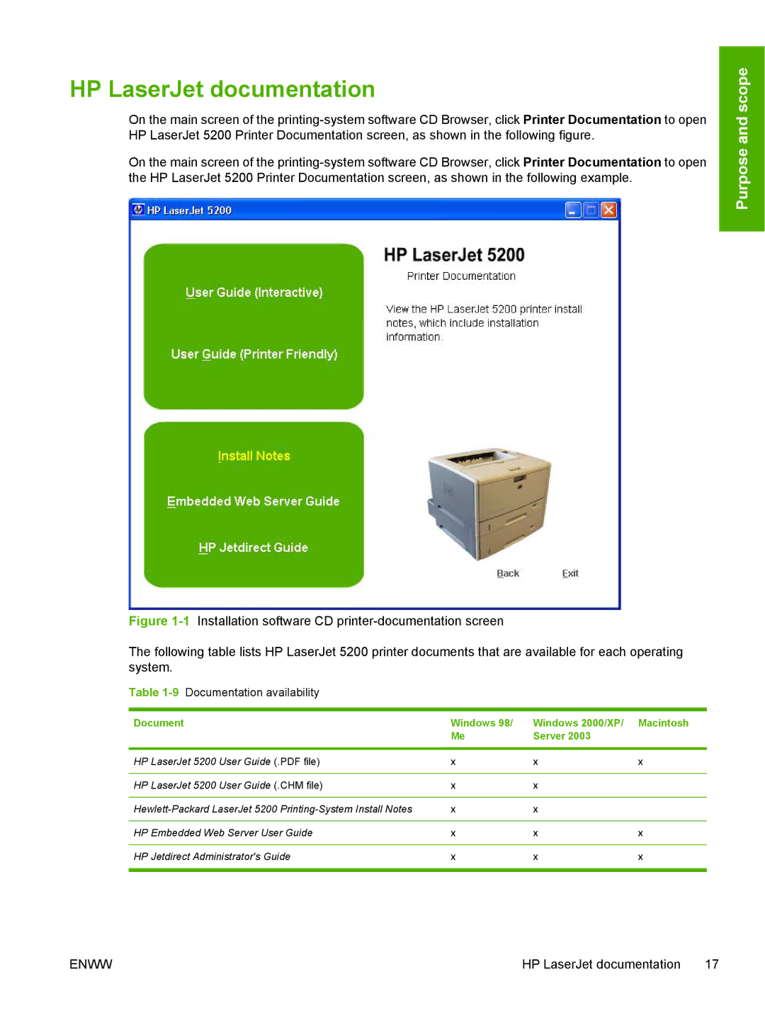 HP 5200L manual HP LaserJet documentation, 9Documentation availability 