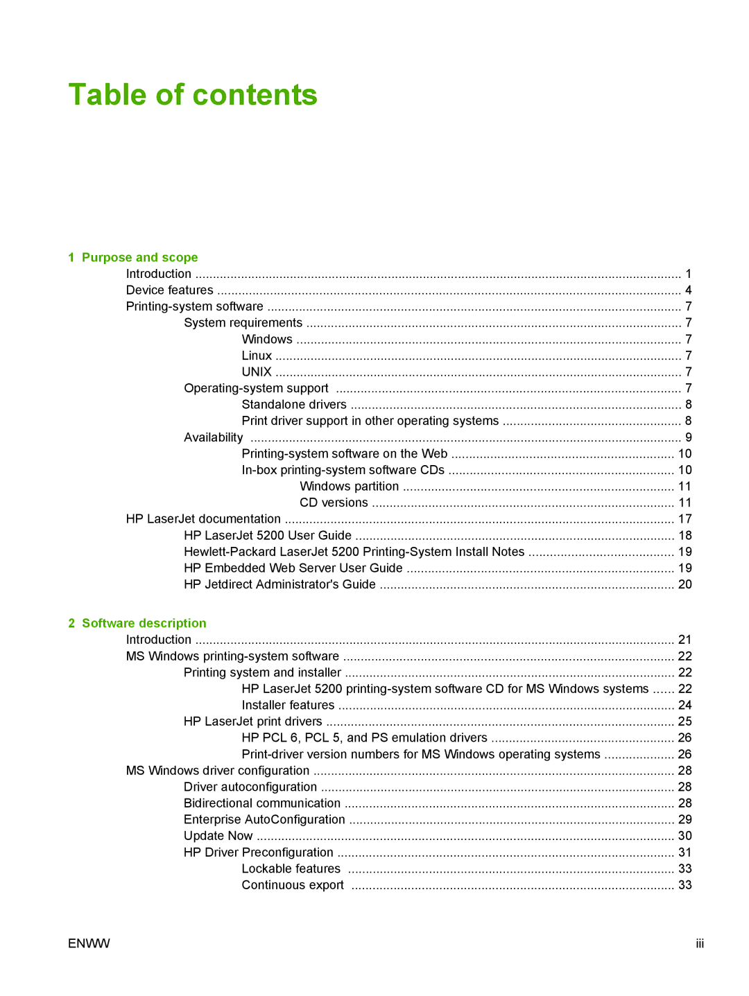 HP 5200L manual Table of contents 