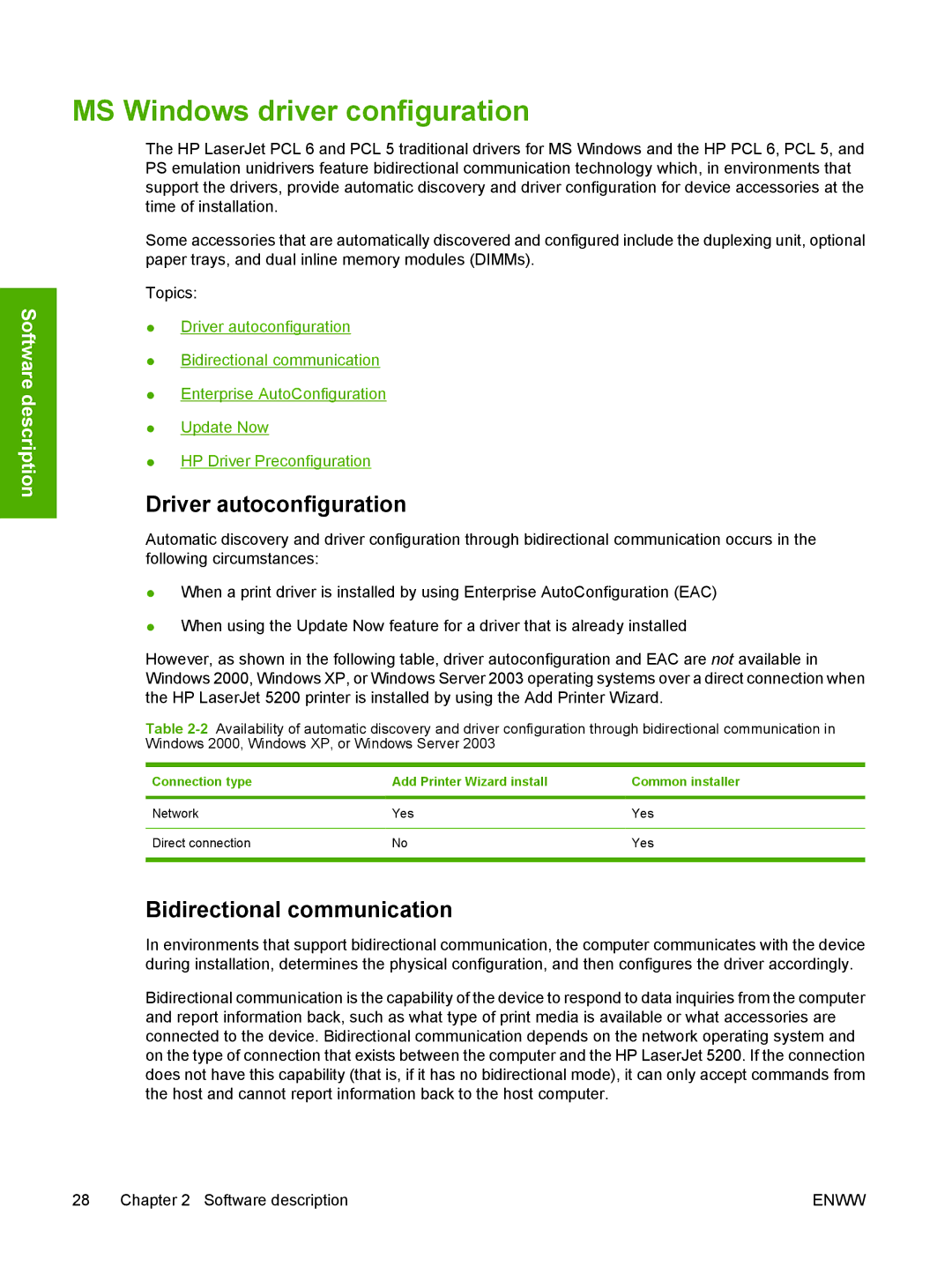 HP 5200L manual MS Windows driver configuration, Driver autoconfiguration, Bidirectional communication 