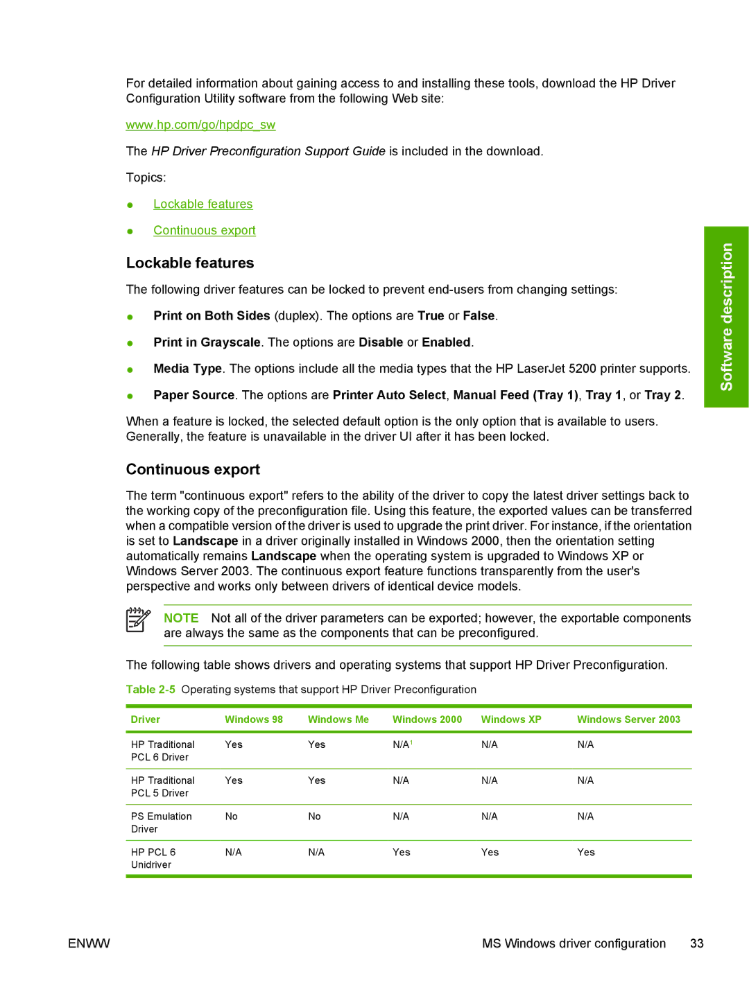 HP 5200L manual Lockable features, Continuous export, 5Operating systems that support HP Driver Preconfiguration 