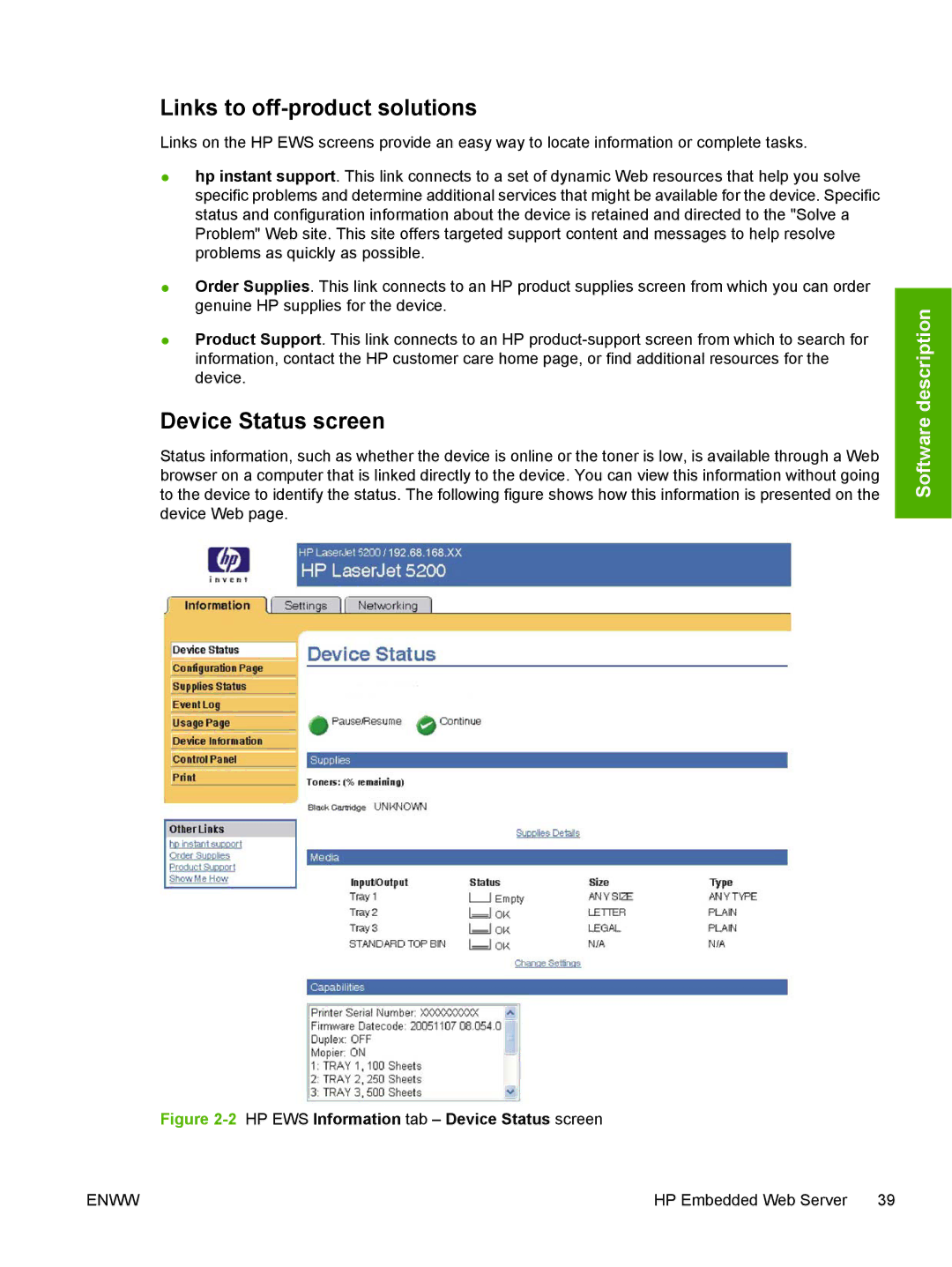 HP 5200L manual Links to off-product solutions, Device Status screen 