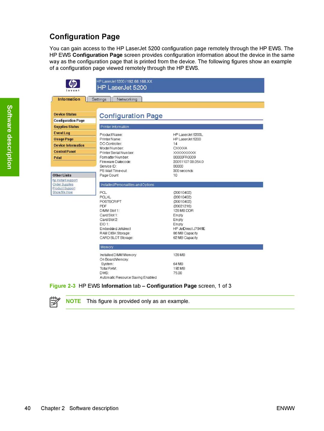 HP 5200L manual 3HP EWS Information tab Configuration Page screen, 1 