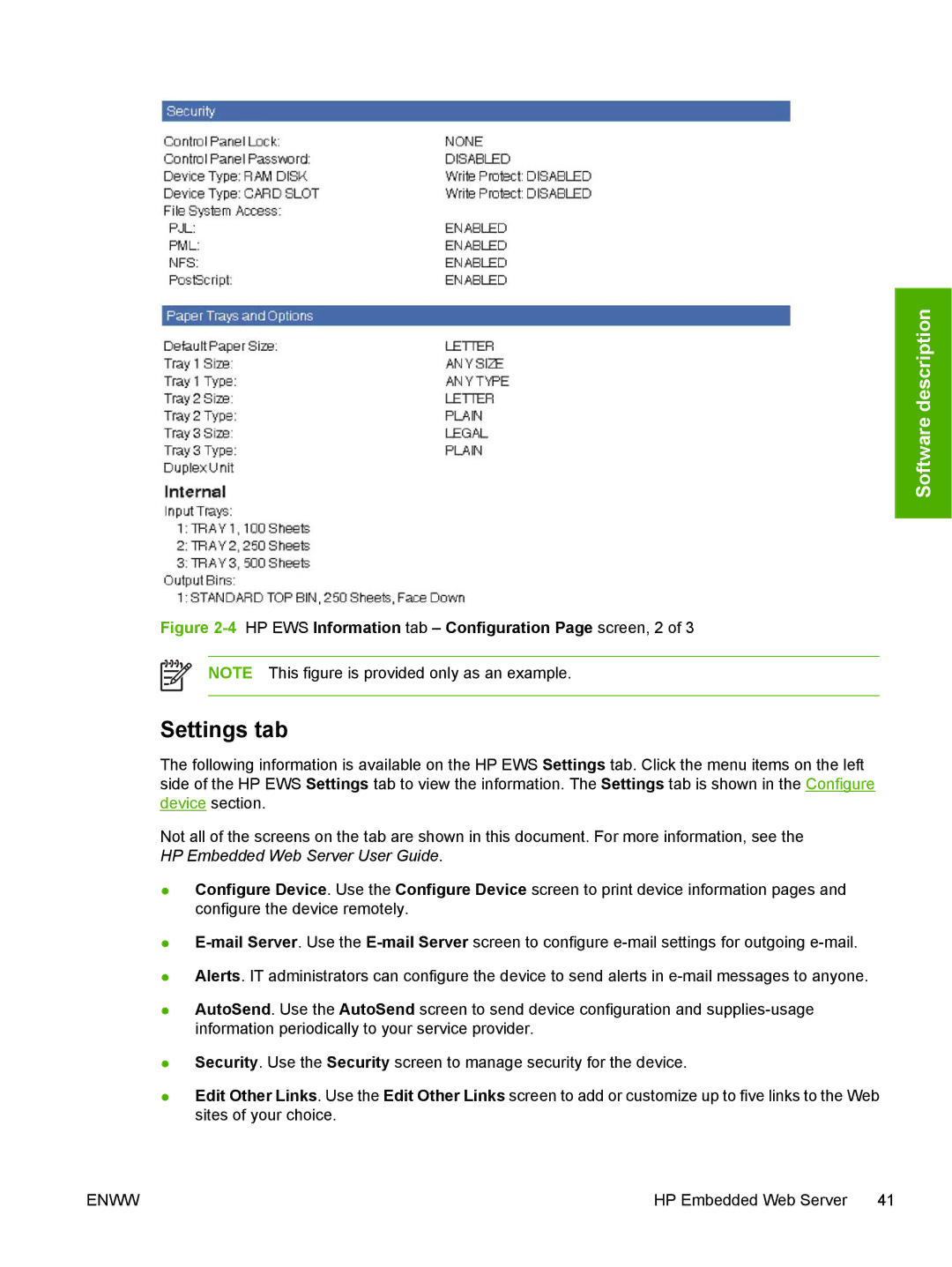 HP 5200L manual Settings tab, 4HP EWS Information tab Configuration Page screen, 2 
