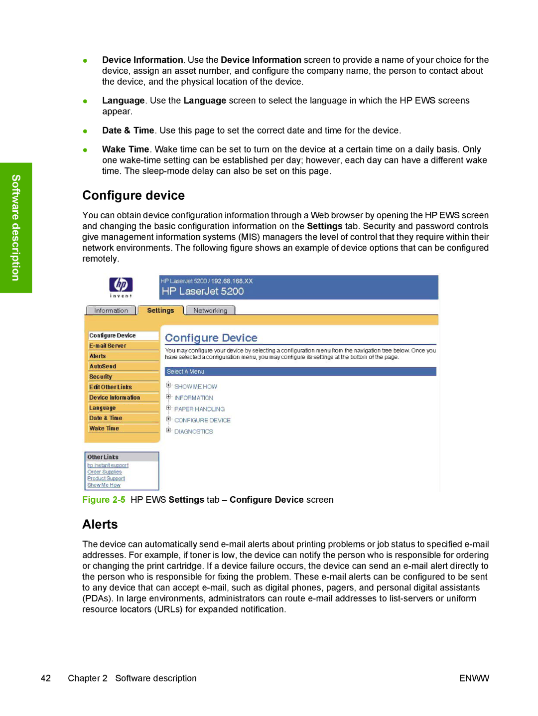 HP 5200L manual Configure device, Alerts 
