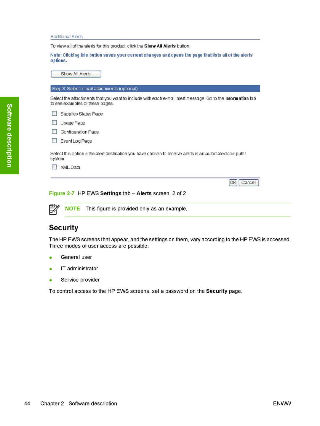 HP 5200L manual Security, 7HP EWS Settings tab Alerts screen, 2 