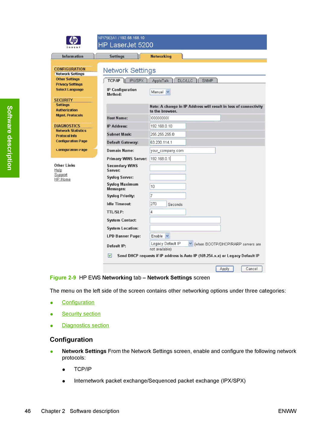 HP 5200L manual Configuration, 9HP EWS Networking tab Network Settings screen 