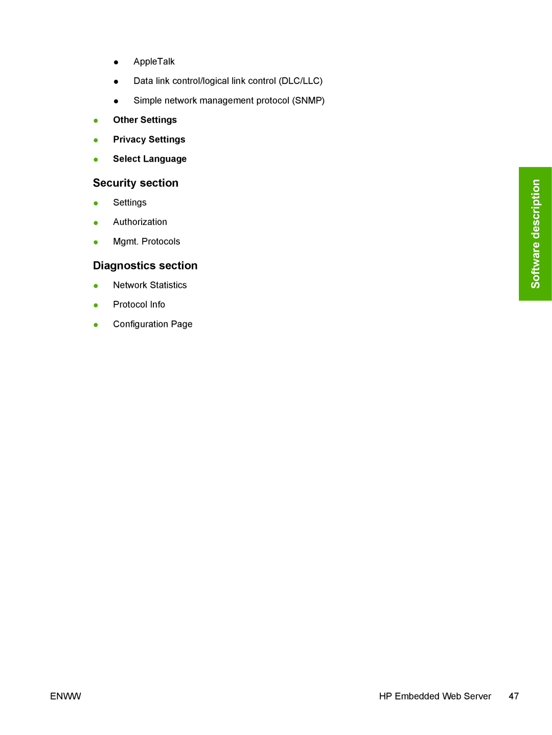 HP 5200L manual Security section, Diagnostics section, Other Settings Privacy Settings Select Language 