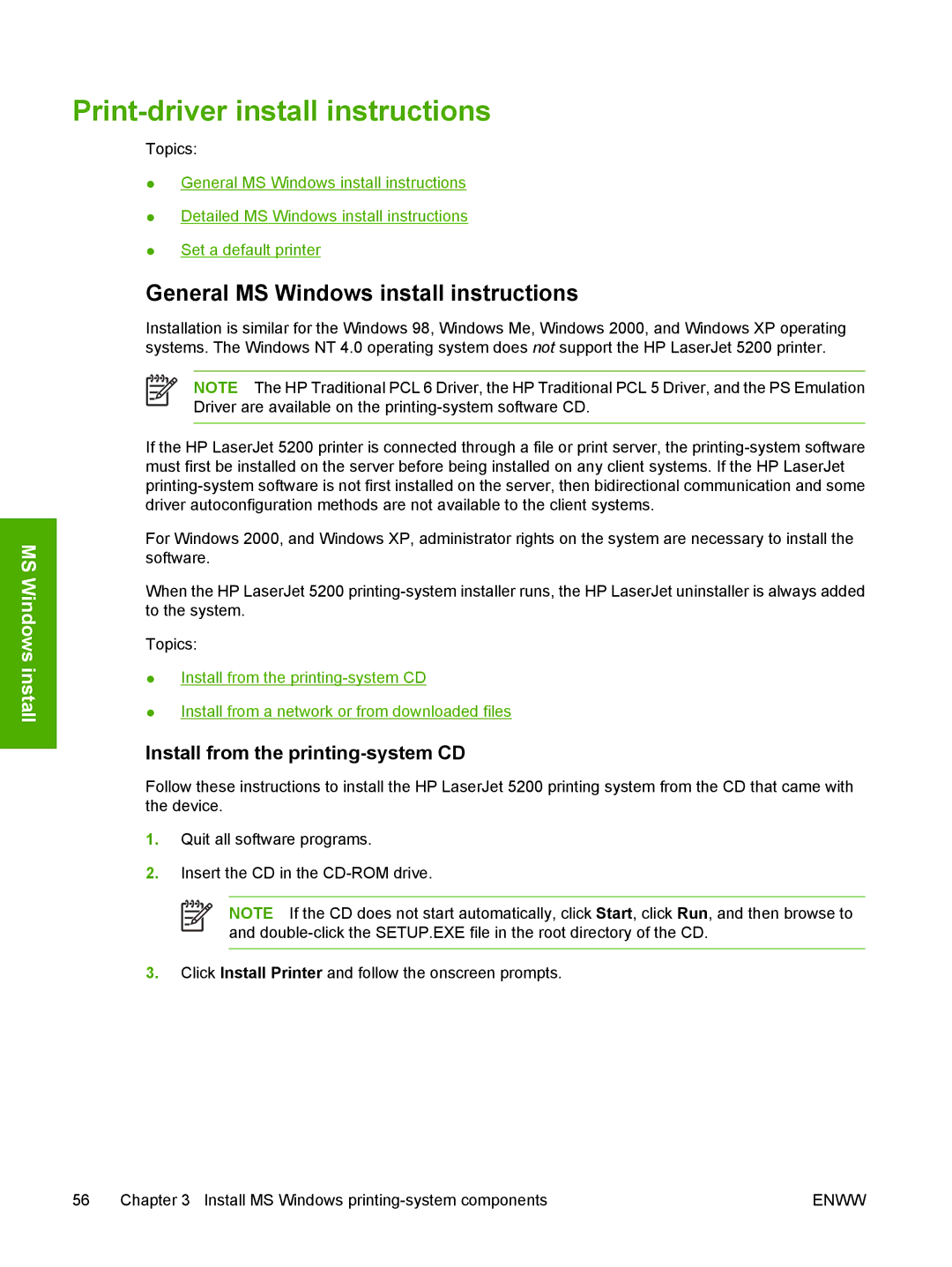 HP 5200L Print-driver install instructions, General MS Windows install instructions, Install from the printing-system CD 