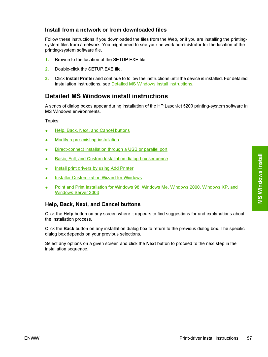 HP 5200L manual Detailed MS Windows install instructions, Install from a network or from downloaded files 