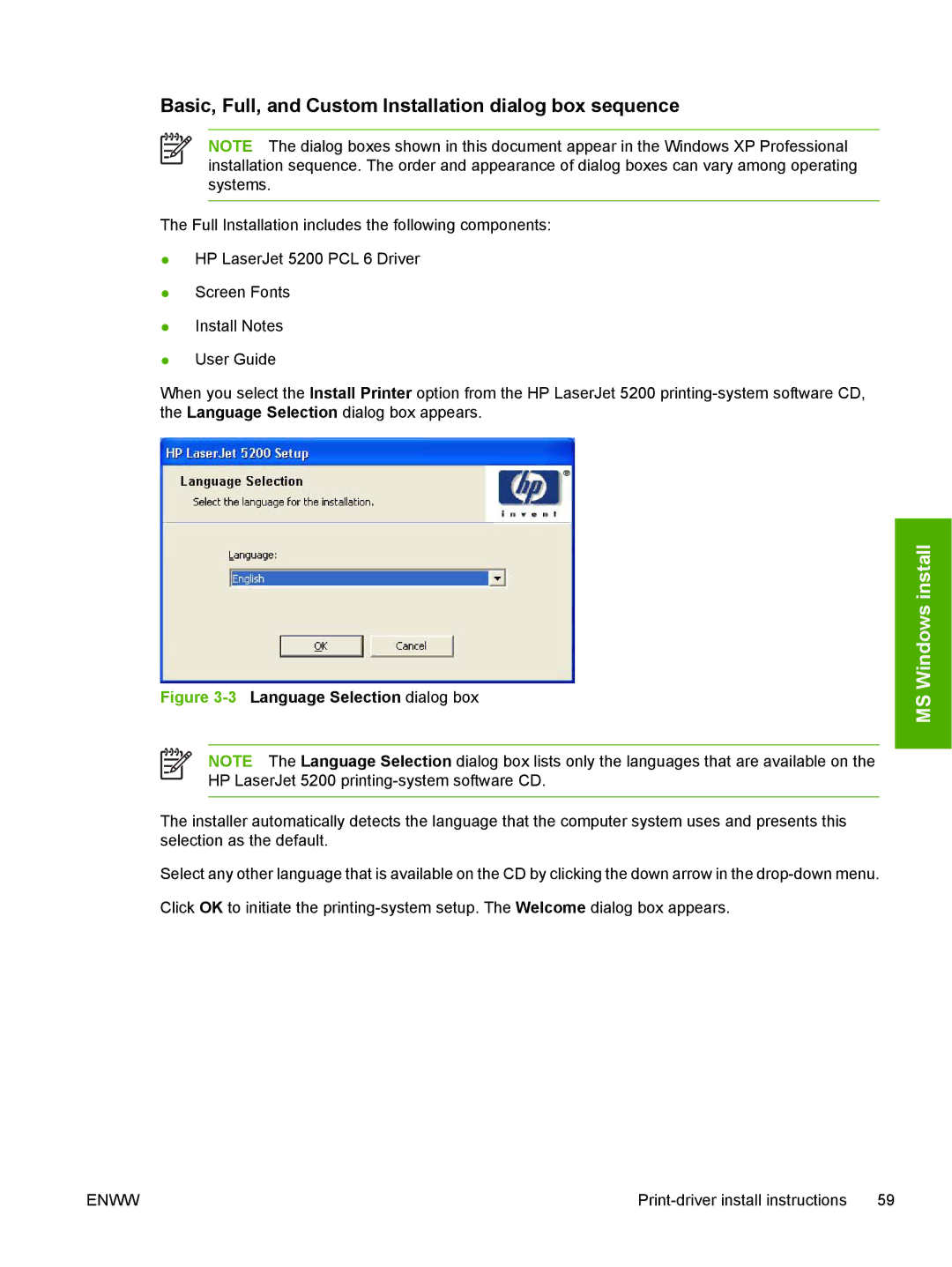 HP 5200L manual Basic, Full, and Custom Installation dialog box sequence, 3Language Selection dialog box 