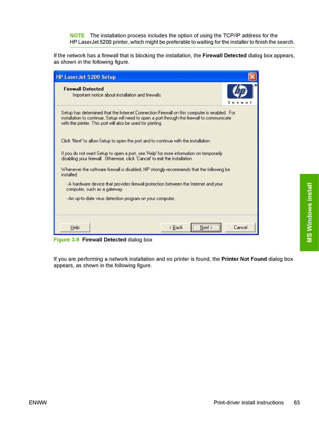 HP 5200L manual 9Firewall Detected dialog box 