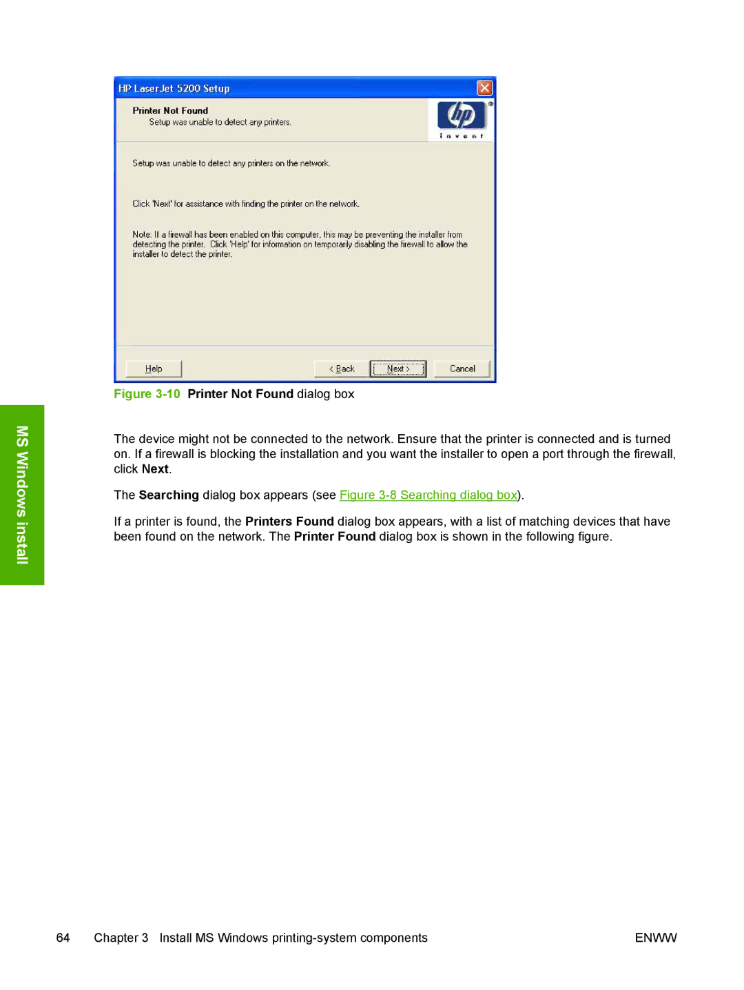 HP 5200L manual 10Printer Not Found dialog box 