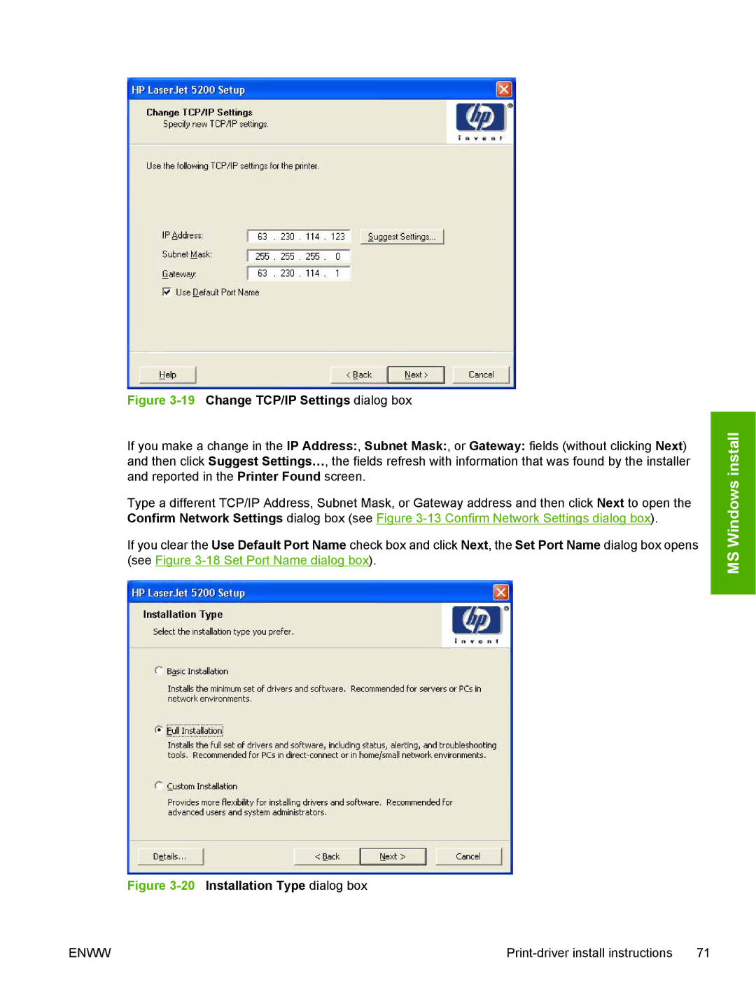 HP 5200L manual 19Change TCP/IP Settings dialog box 