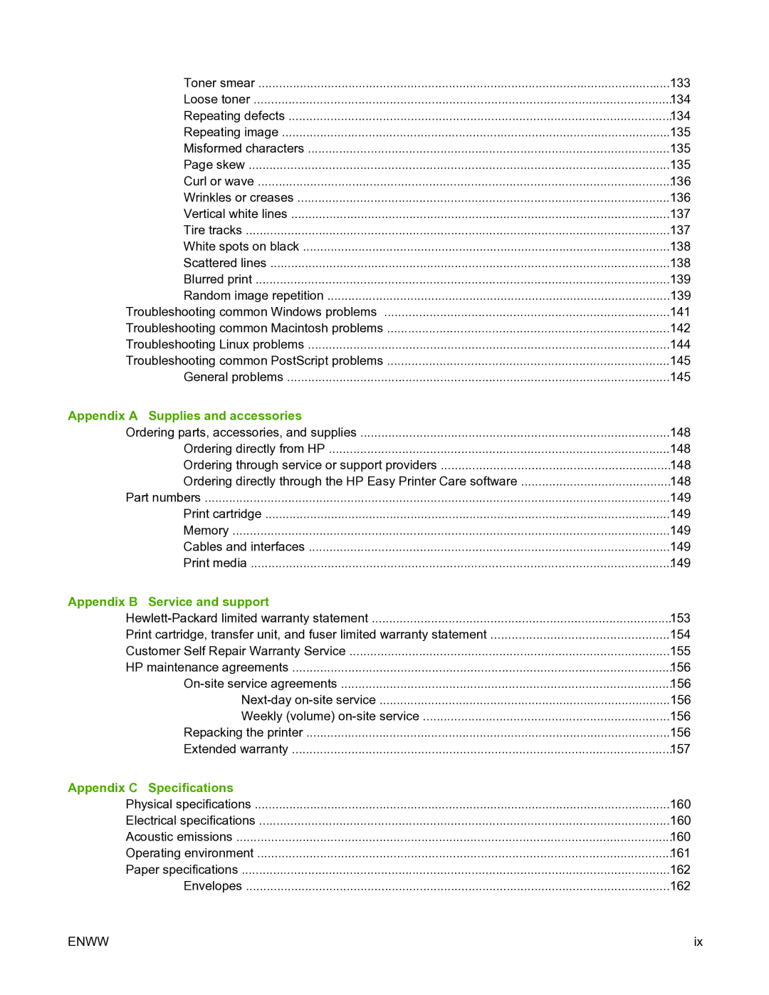 HP 5200L manual Appendix a Supplies and accessories, Appendix B Service and support, Appendix C Specifications 