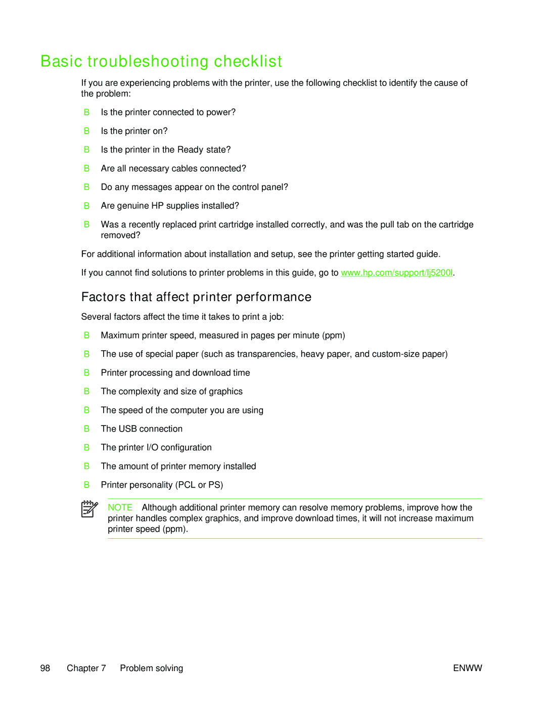 HP 5200L manual Basic troubleshooting checklist, Factors that affect printer performance 