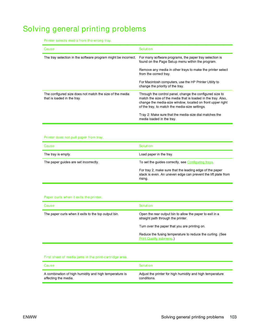 HP 5200L manual Solving general printing problems, Printer selects media from the wrong tray Cause Solution 