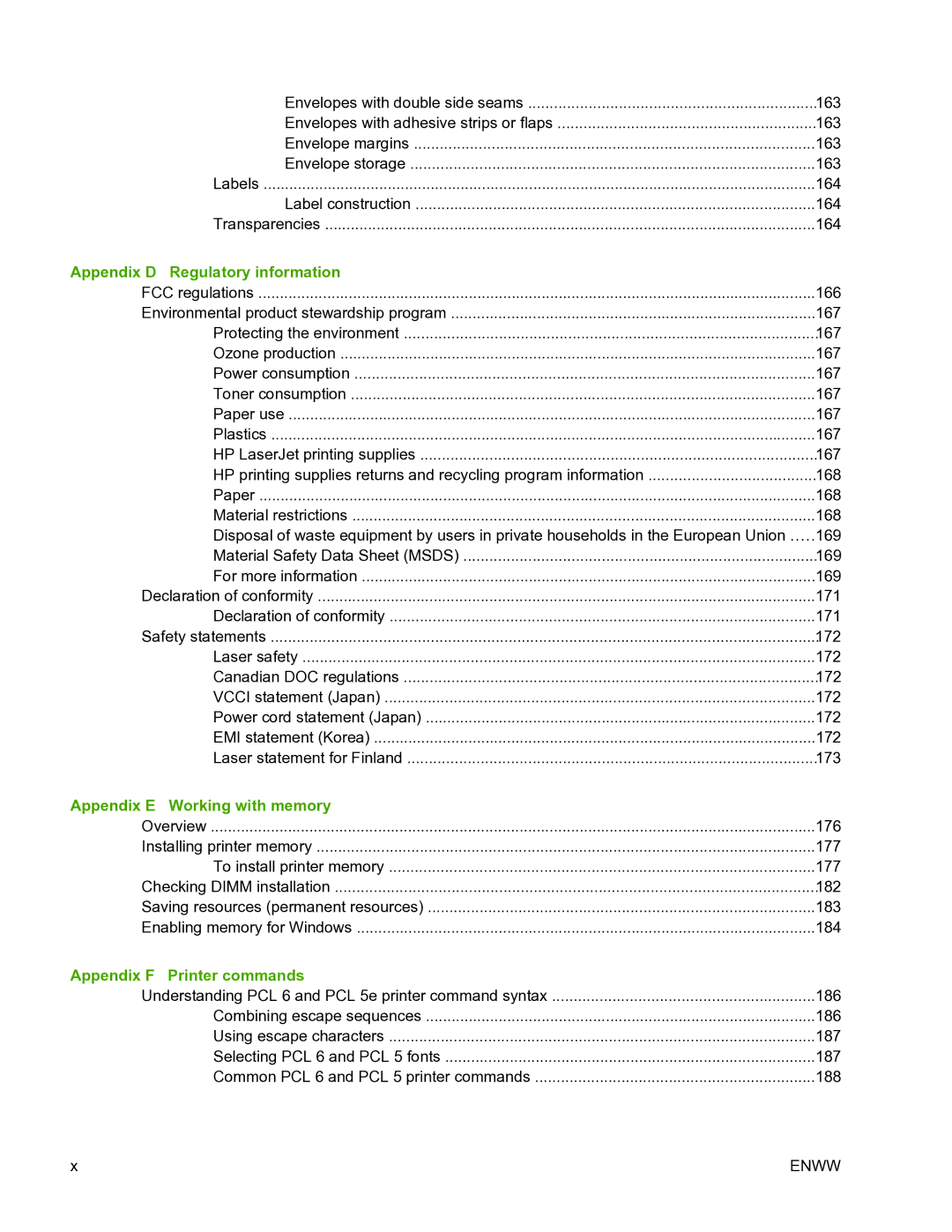 HP 5200L manual Appendix D Regulatory information, Appendix E Working with memory, Appendix F Printer commands 