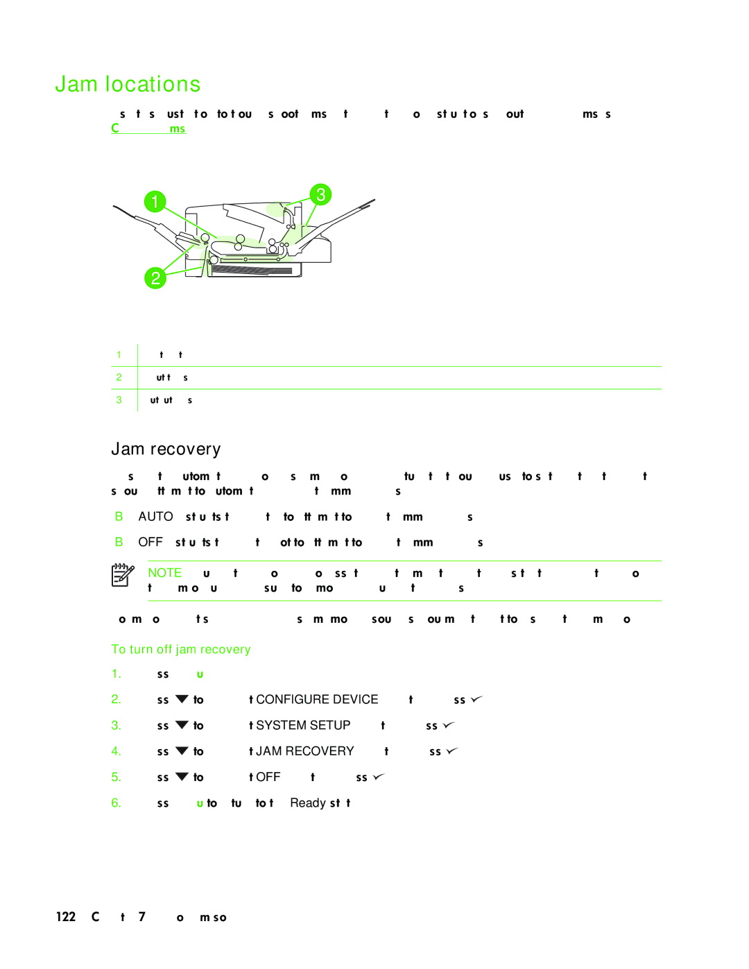 HP 5200L manual Jam locations, To turn off jam recovery 