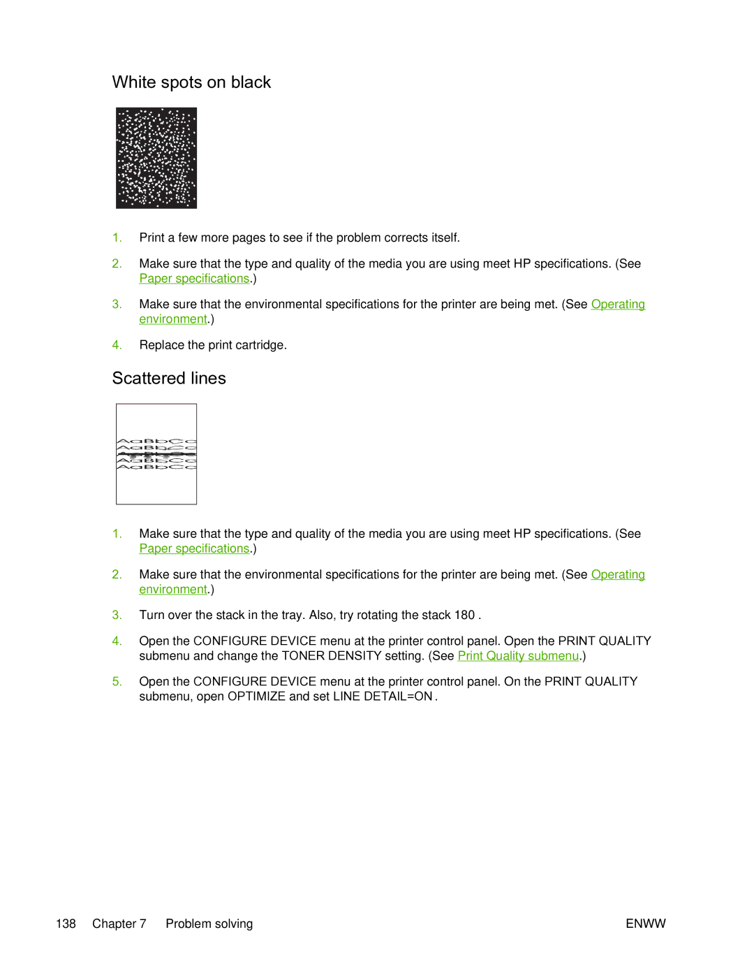 HP 5200L manual White spots on black, Scattered lines 