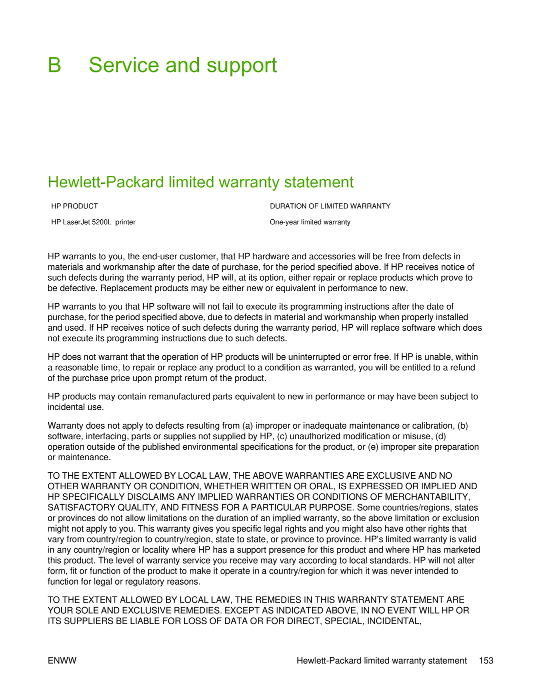 HP 5200L manual Service and support, Hewlett-Packard limited warranty statement 