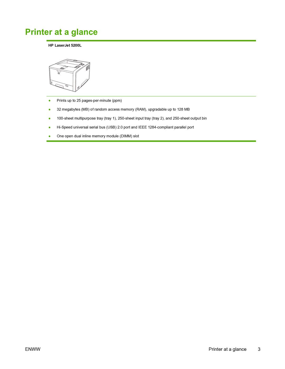 HP manual Printer at a glance, HP LaserJet 5200L 